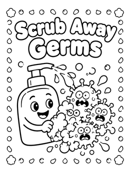 Free printable Scrub Away Germs Soap Bottle coloring page