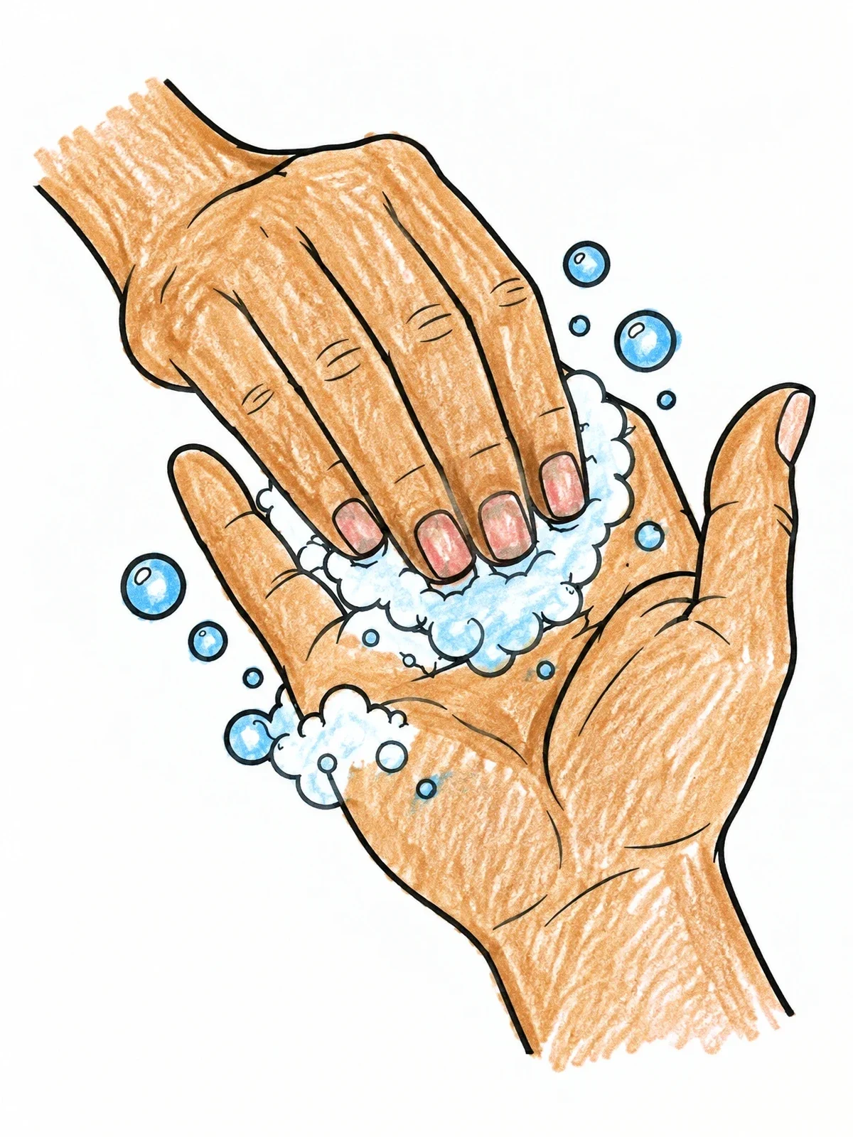 Colored example of the Scrubbing Fingertips In Soapy Palm coloring page