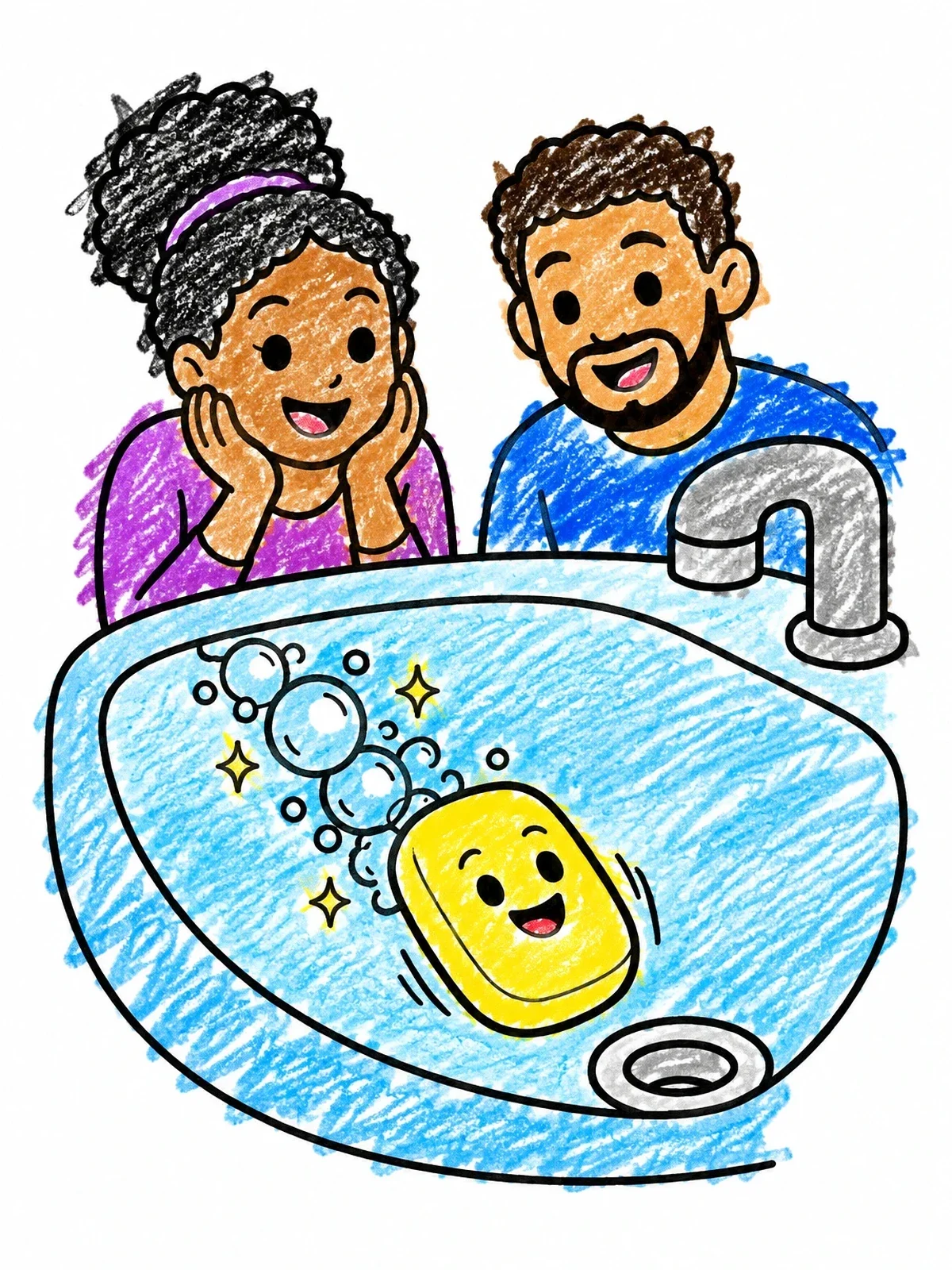 Colored example of the Happy Soap Sliding Down Sink coloring page