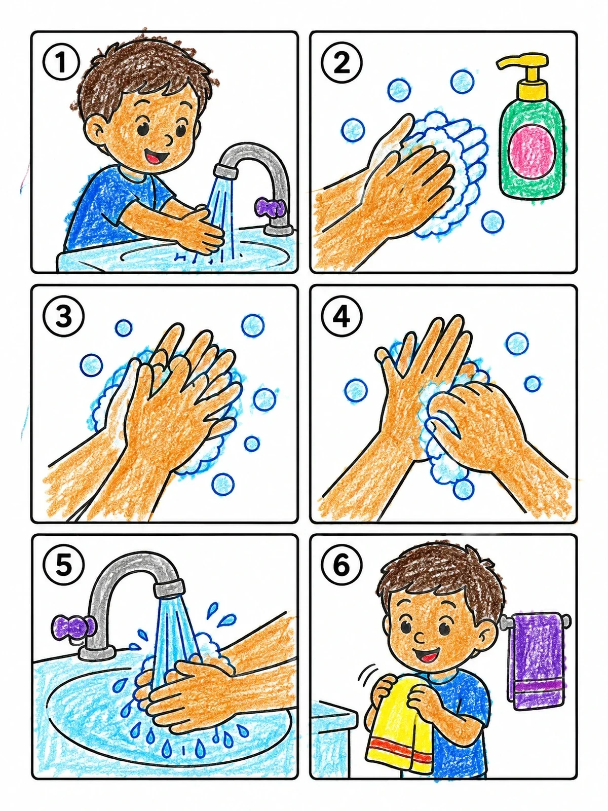 Colored example of the Step By Step Hand Washing Guide coloring page
