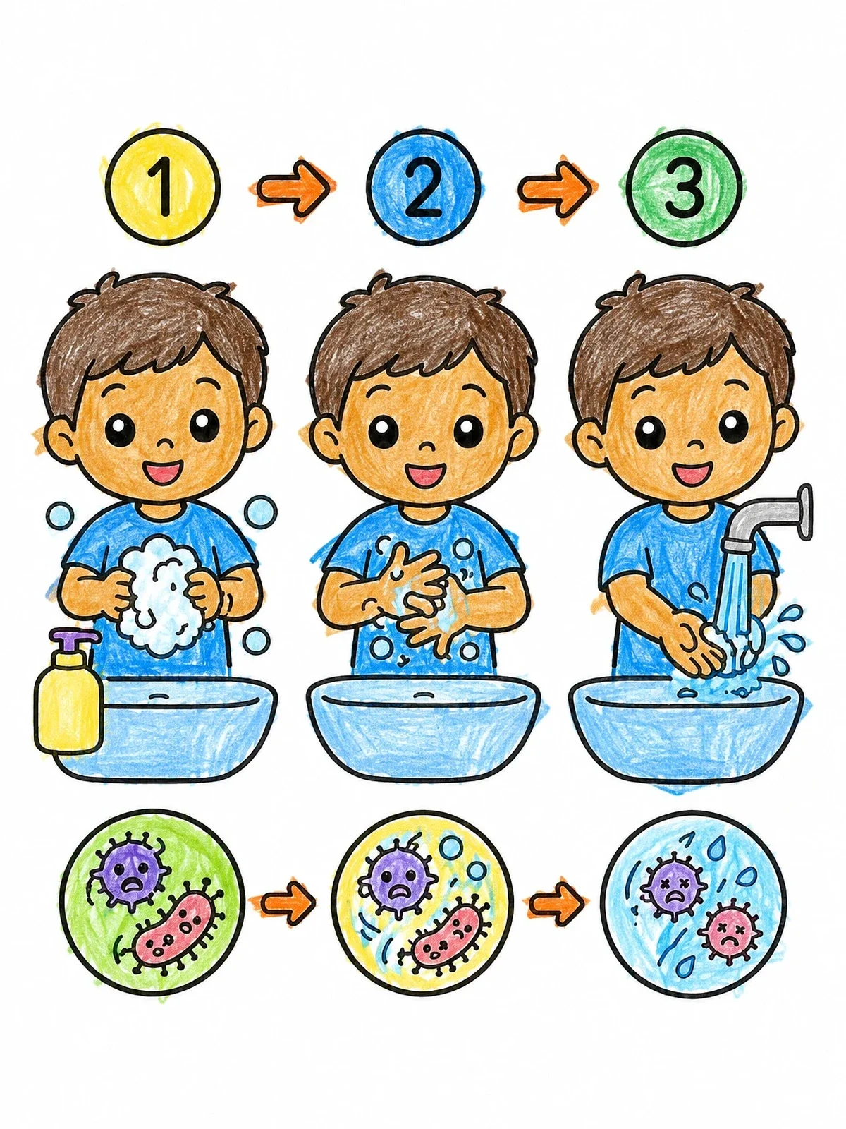 Colored example of the Handwashing Steps And Germ Routine coloring page
