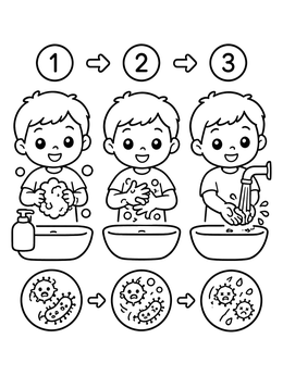 A boy washing hands in three steps on this fun germ coloring page.