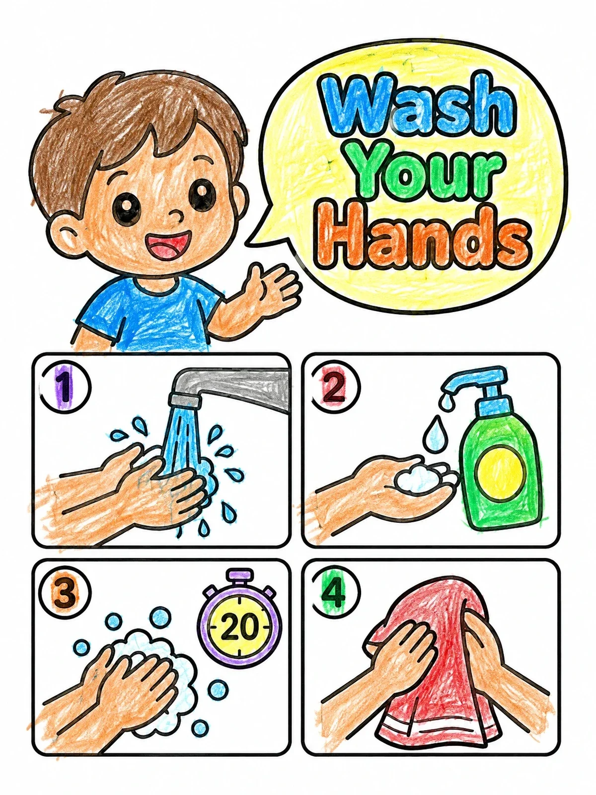 Colored example of the Steps To Wash Your Hands coloring page
