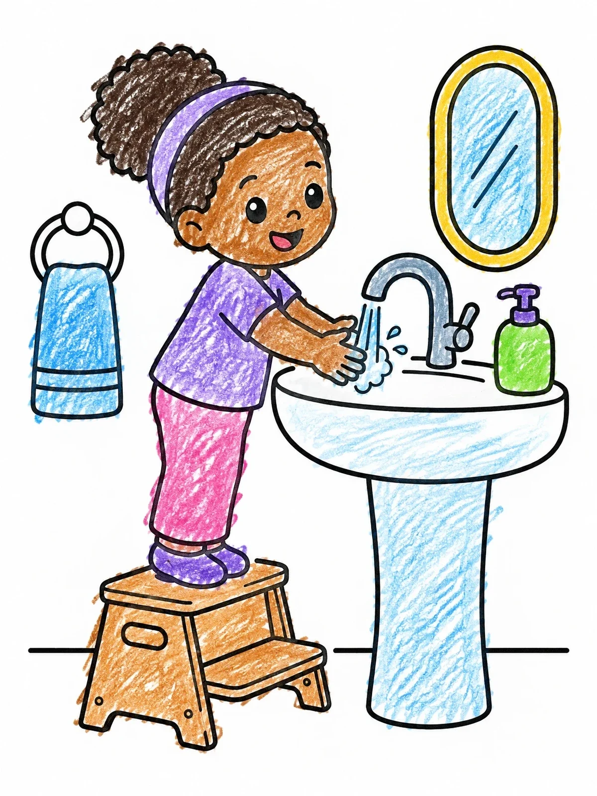 Colored example of the Toddler Washing Hands At Sink coloring page