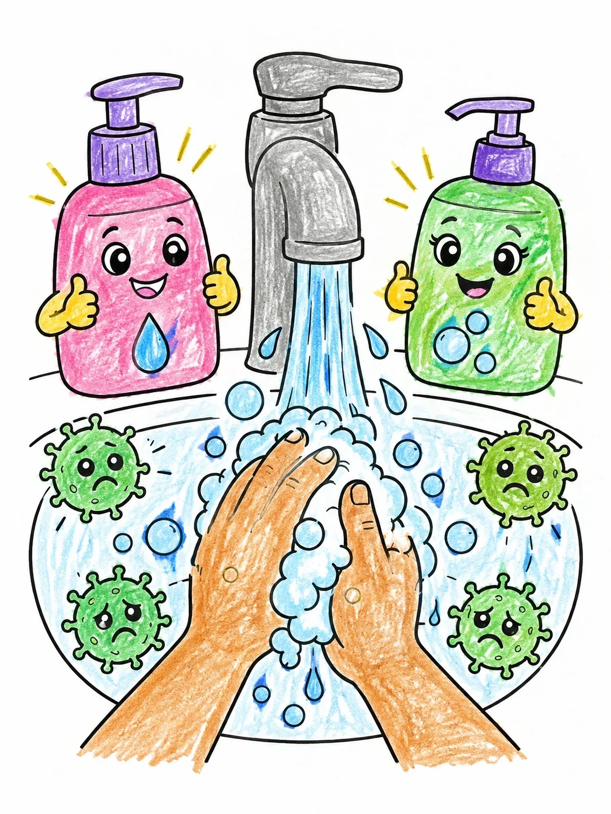 Colored example of the Washing Hands With Happy Soap coloring page