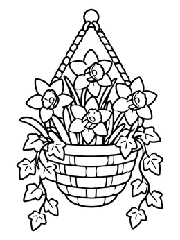 A daffodil flower coloring page featuring blooming daffodils and trailing ivy in a woven hanging basket.