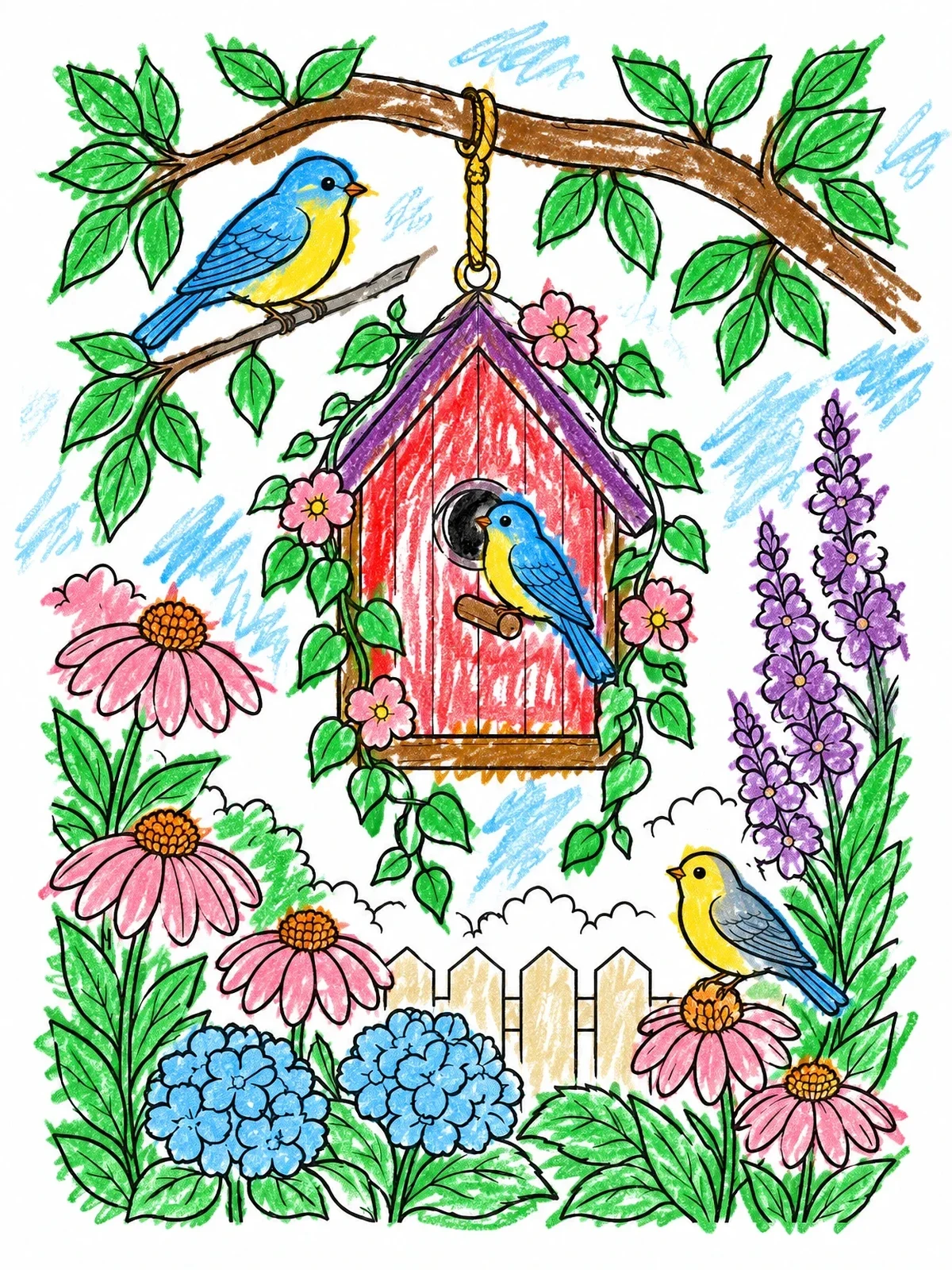 Colored example of the Birdhouse In A Blooming Garden coloring page