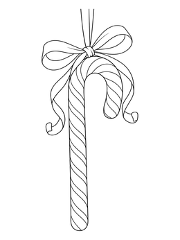 A festive candy cane coloring page hanging from a graceful bow with curling ribbon tails.