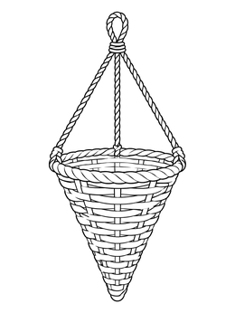 Detailed hanging wicker cone basket coloring page with twisted rope cords.