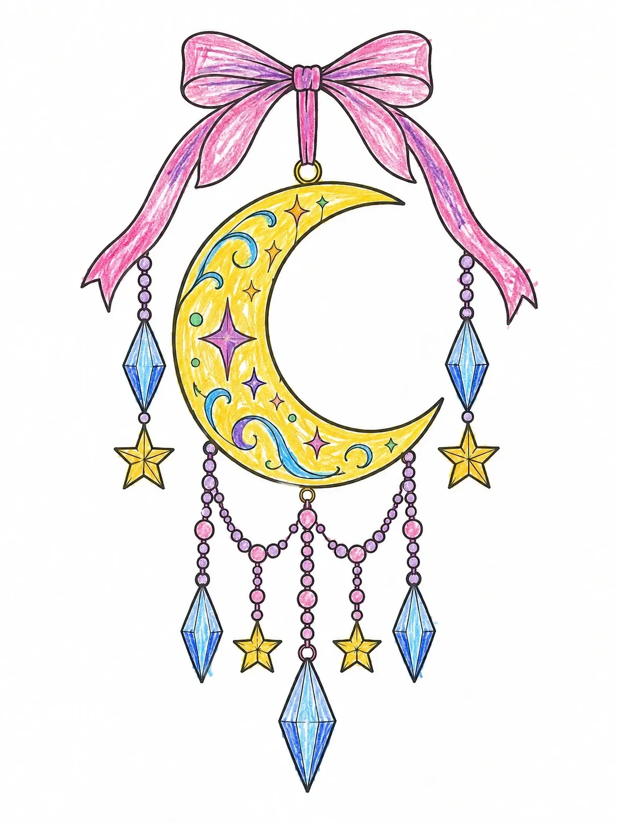 Colored example of the Hanging Crescent Moon With Crystals coloring page