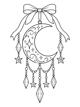 An ornate moon night coloring page featuring a decorative crescent hanging from a bow with crystals and stars.