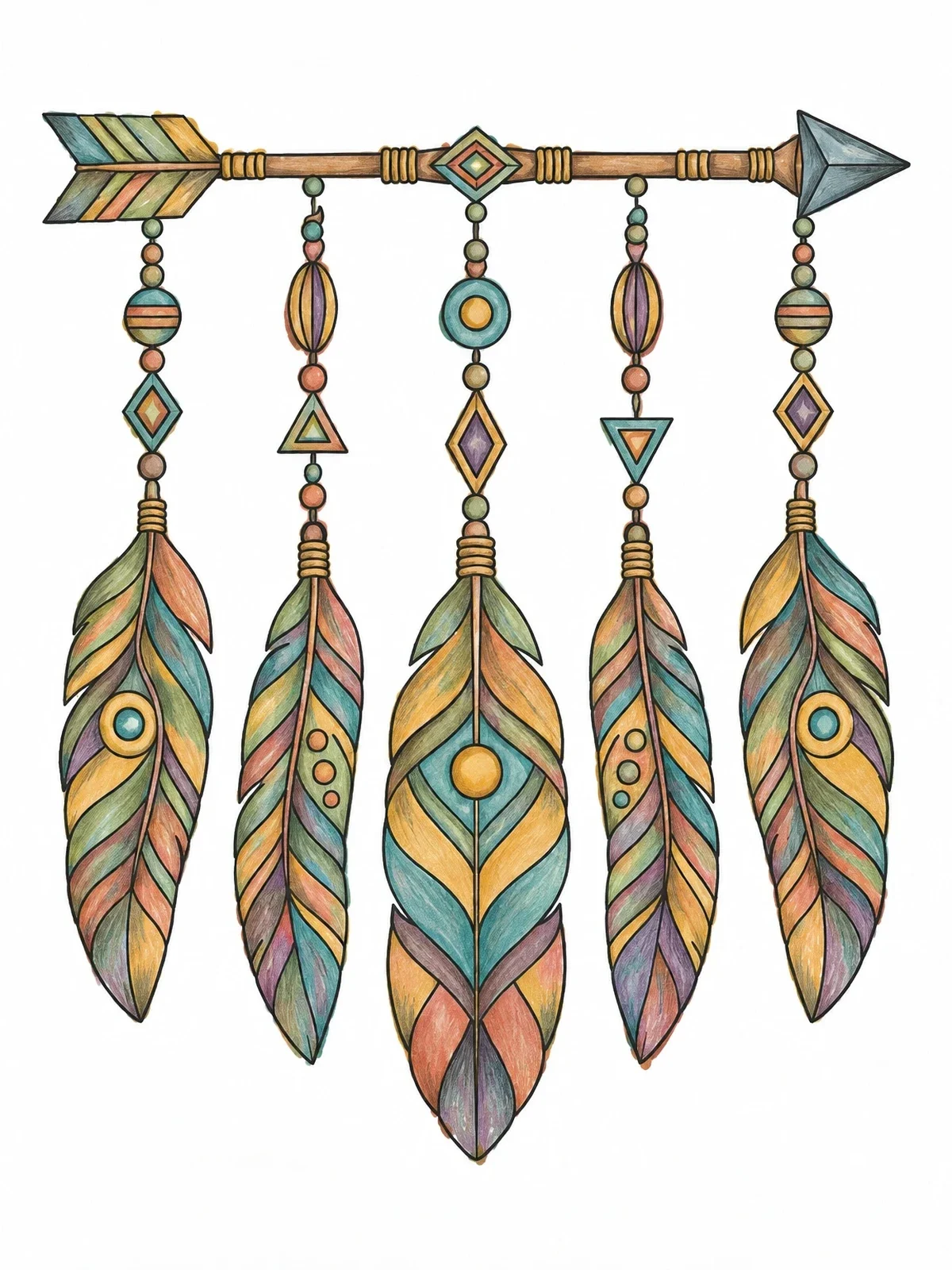 Colored example of the Hanging Feathers On Arrow coloring page