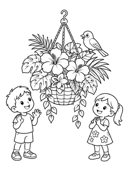 Free printable Hanging Flower Basket With Bird And Children coloring page
