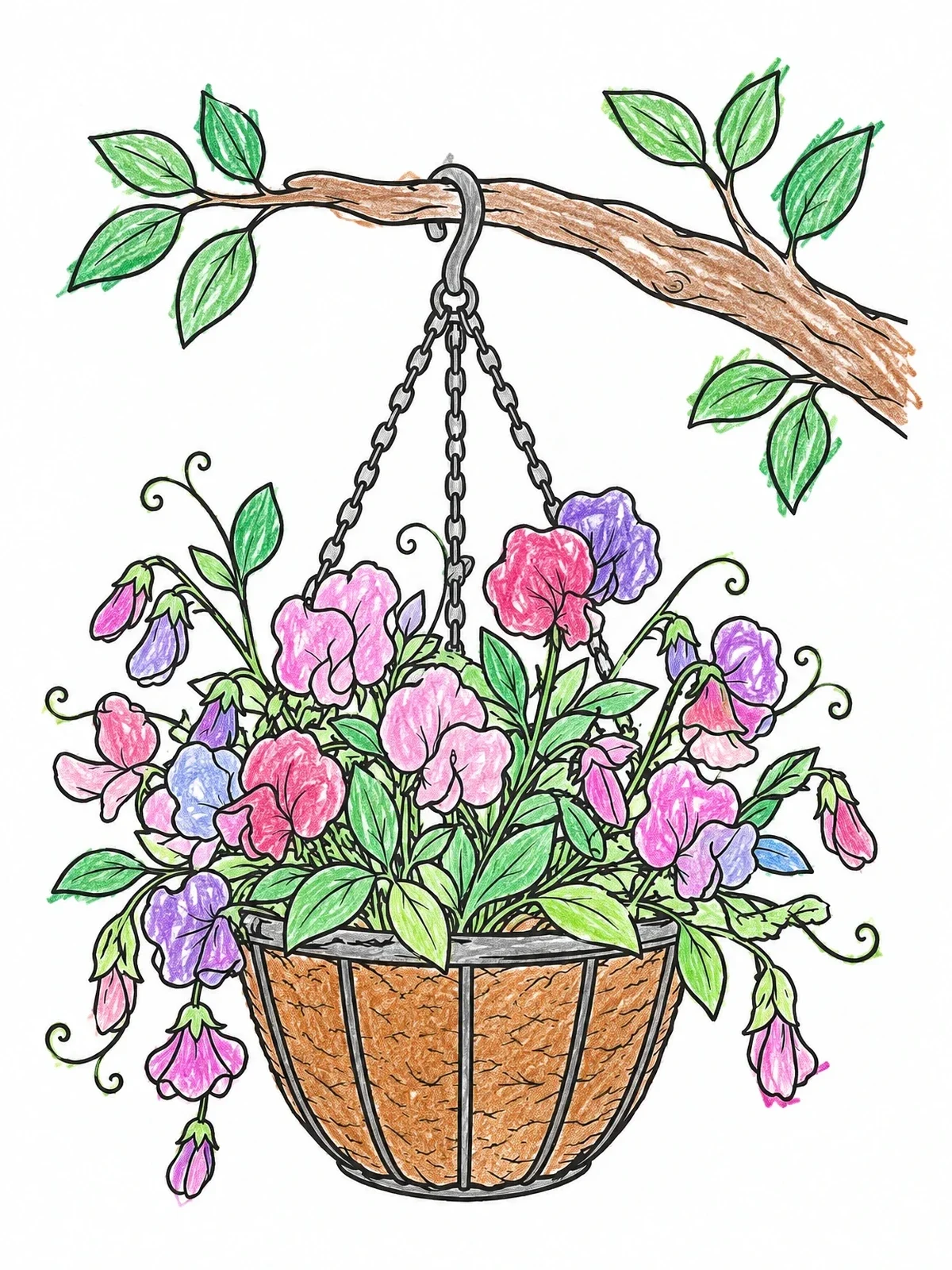 Colored example of the Hanging Basket With Sweet Peas coloring page