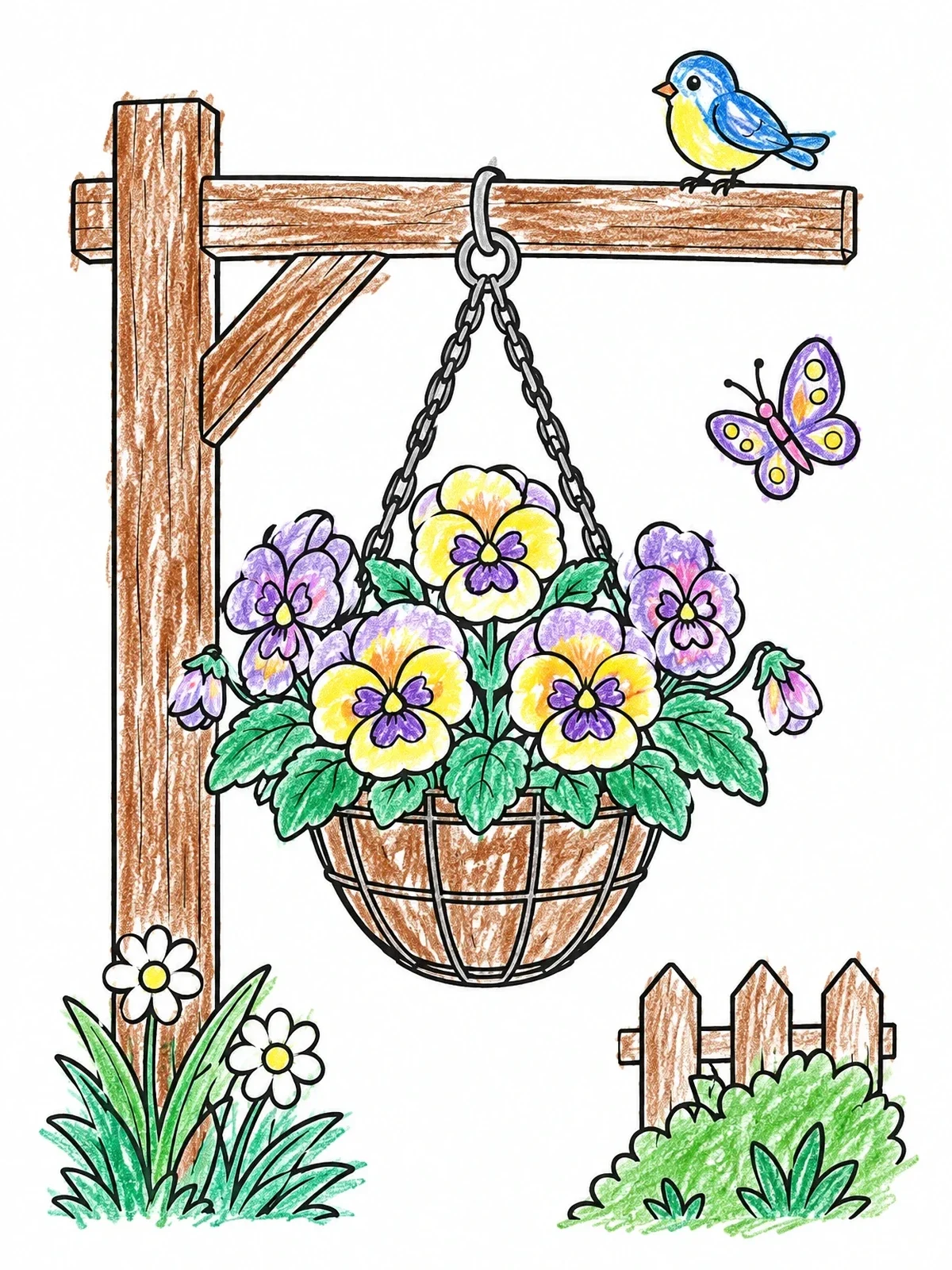 Colored example of the Hanging Flower Basket With Pansies coloring page