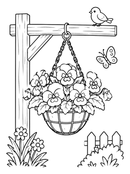 Free printable Hanging Flower Basket With Pansies coloring page