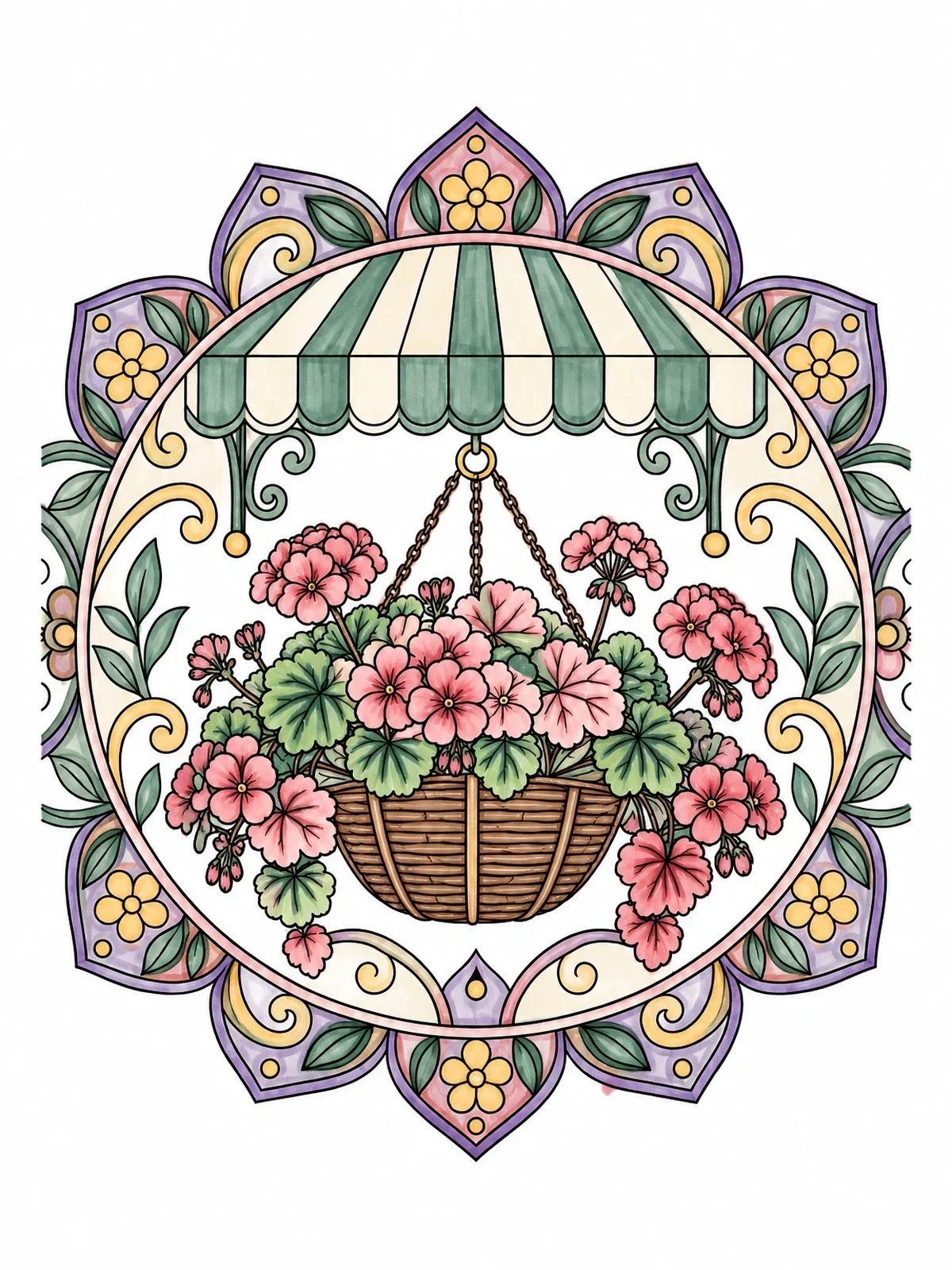 Colored example of the Hanging Geranium Basket Under Awning coloring page