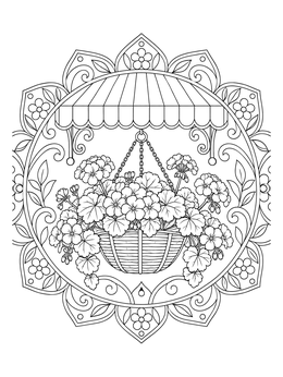 A detailed flower basket coloring page showing blooming geraniums under a striped awning.