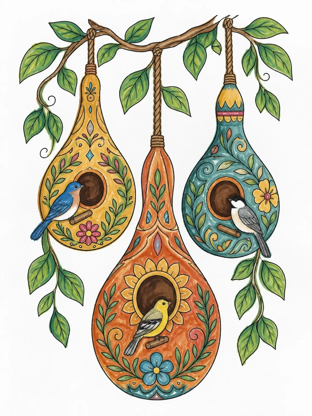 Colored example of the Hanging Gourd Birdhouses With Songbirds coloring page