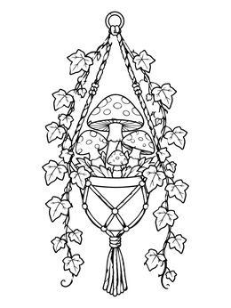 A cozy hanging macrame planter filled with spotted mushrooms on this mushroom coloring page.