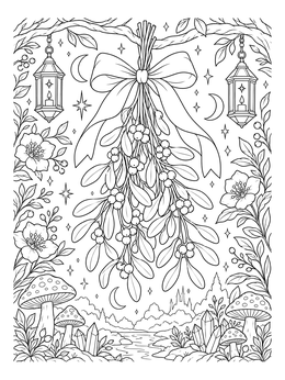 Intricate mistletoe coloring page with hanging lanterns and woodland landscape.