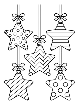 Five hanging ornaments on a christmas star coloring page with varied patterns.