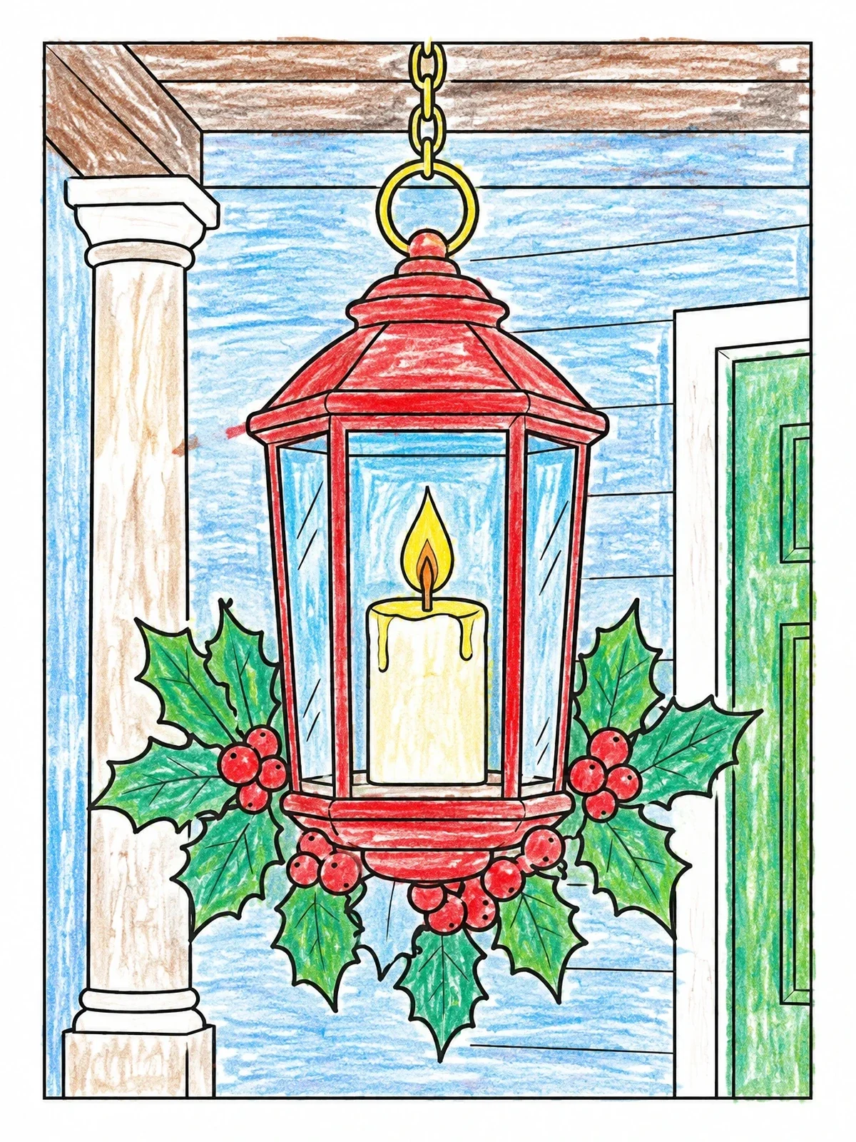 Colored example of the Hanging Porch Lantern With Christmas Candle coloring page