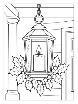 A festive christmas candle coloring page featuring a glowing lantern decorated with holly on a front porch.