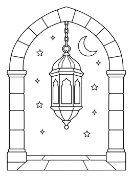 A decorative lantern hangs in an archway on this ramadan coloring page.