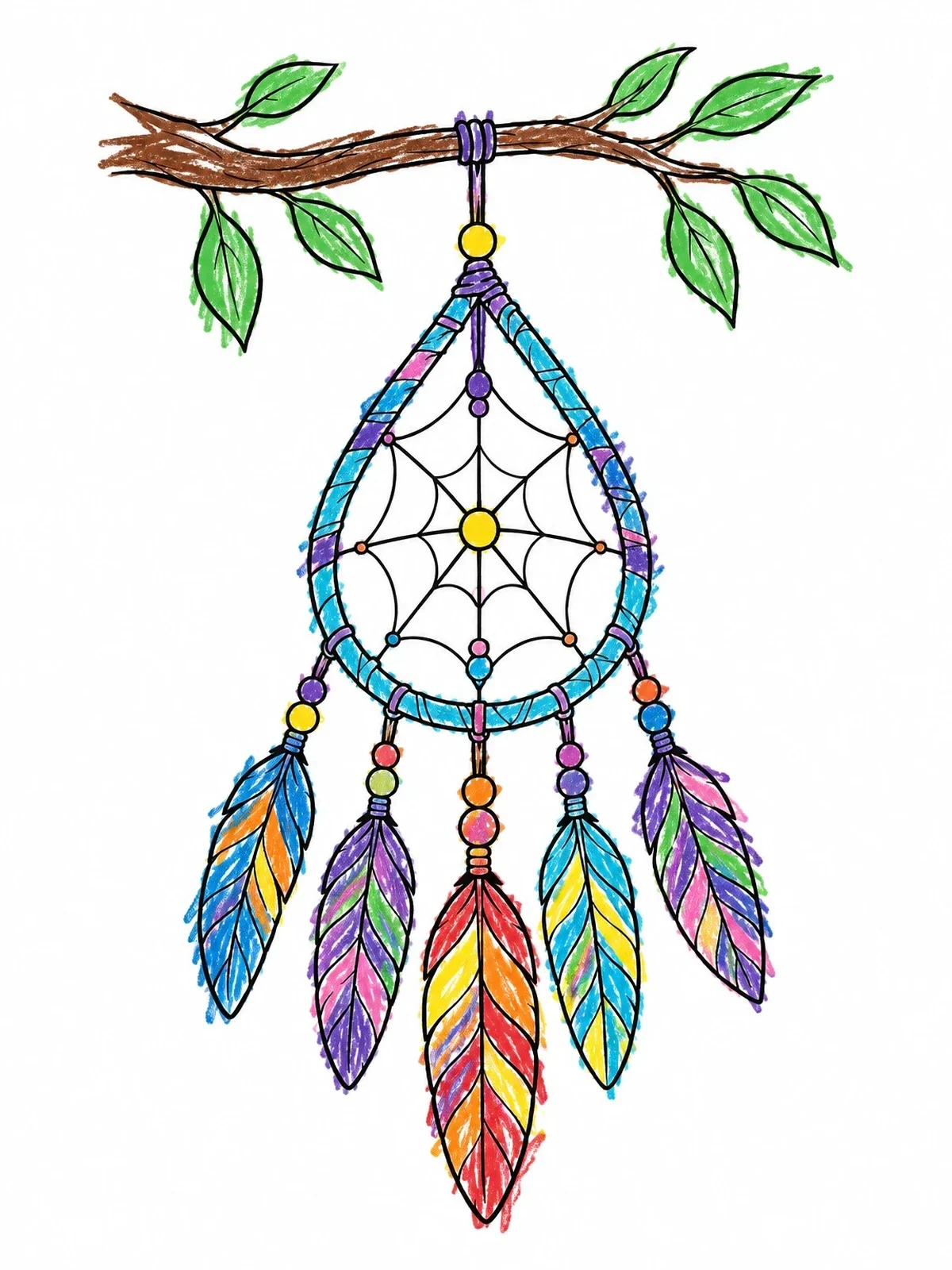 Colored example of the Hanging Teardrop Dreamcatcher With Feathers coloring page