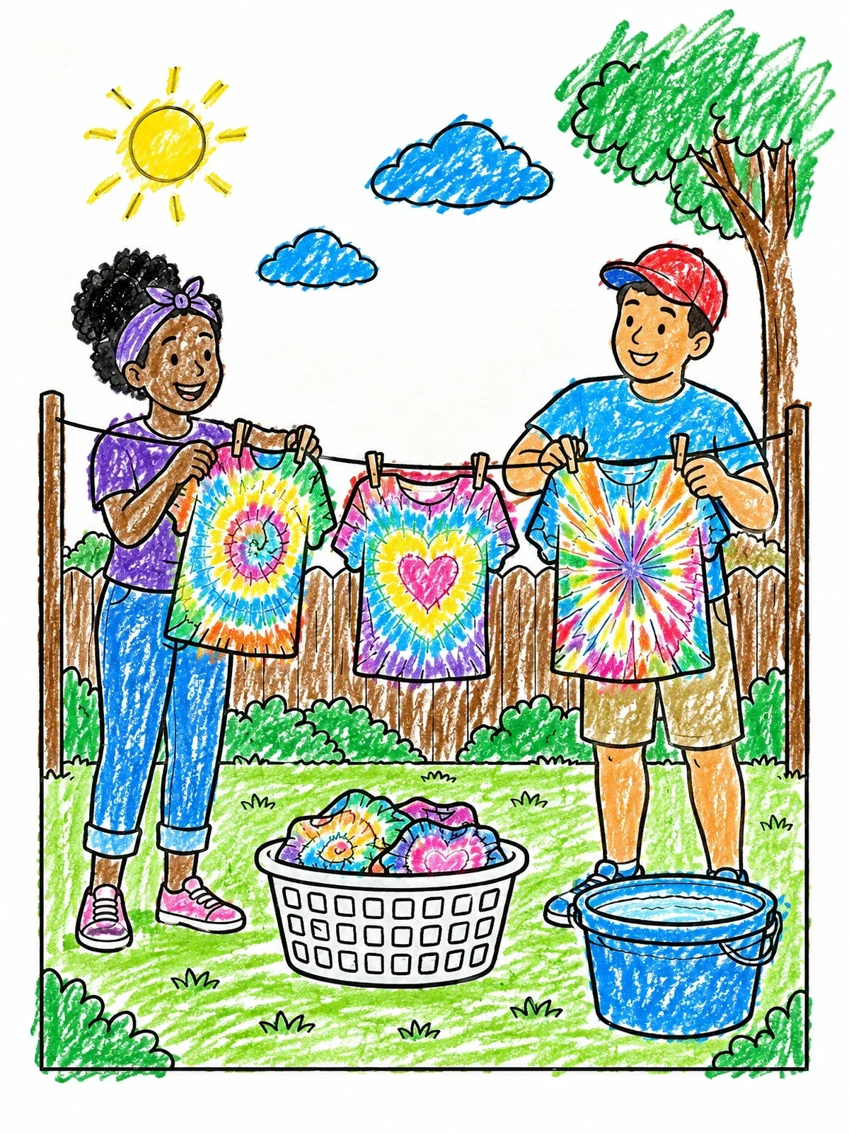 Colored example of the Hanging Tie Dye Shirts To Dry coloring page