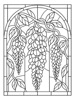 A detailed stained glass coloring page showing hanging wisteria blossoms within an arch.