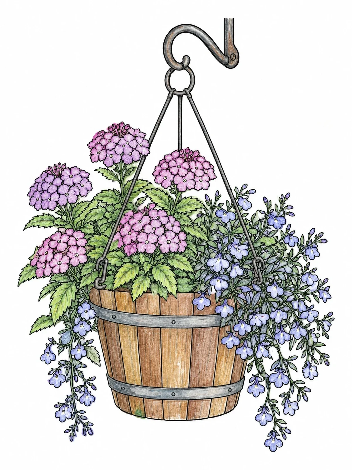 Colored example of the Hanging Wooden Flower Basket coloring page