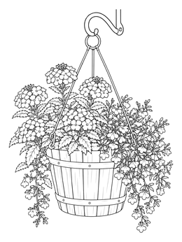 Detailed flower basket coloring page with blooming flowers in a hanging wooden tub.