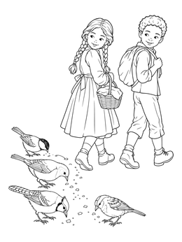 A hansel and gretel coloring page showing children walking ahead while birds peck at breadcrumbs.