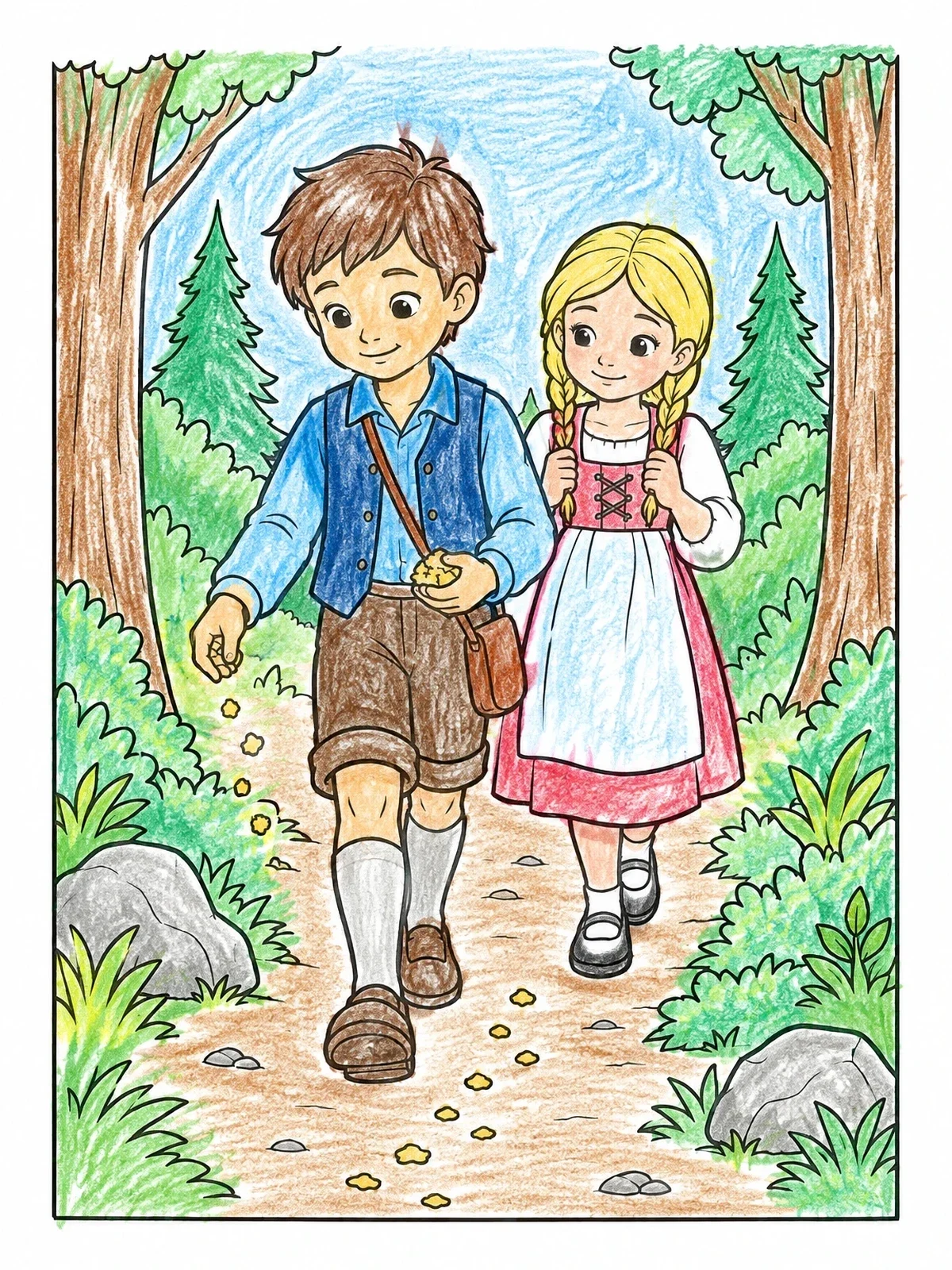 Colored example of the Hansel And Gretel In The Forest coloring page