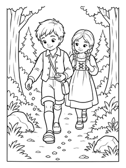 A hansel and gretel coloring page showing the children walking and dropping breadcrumbs along a woodland trail.
