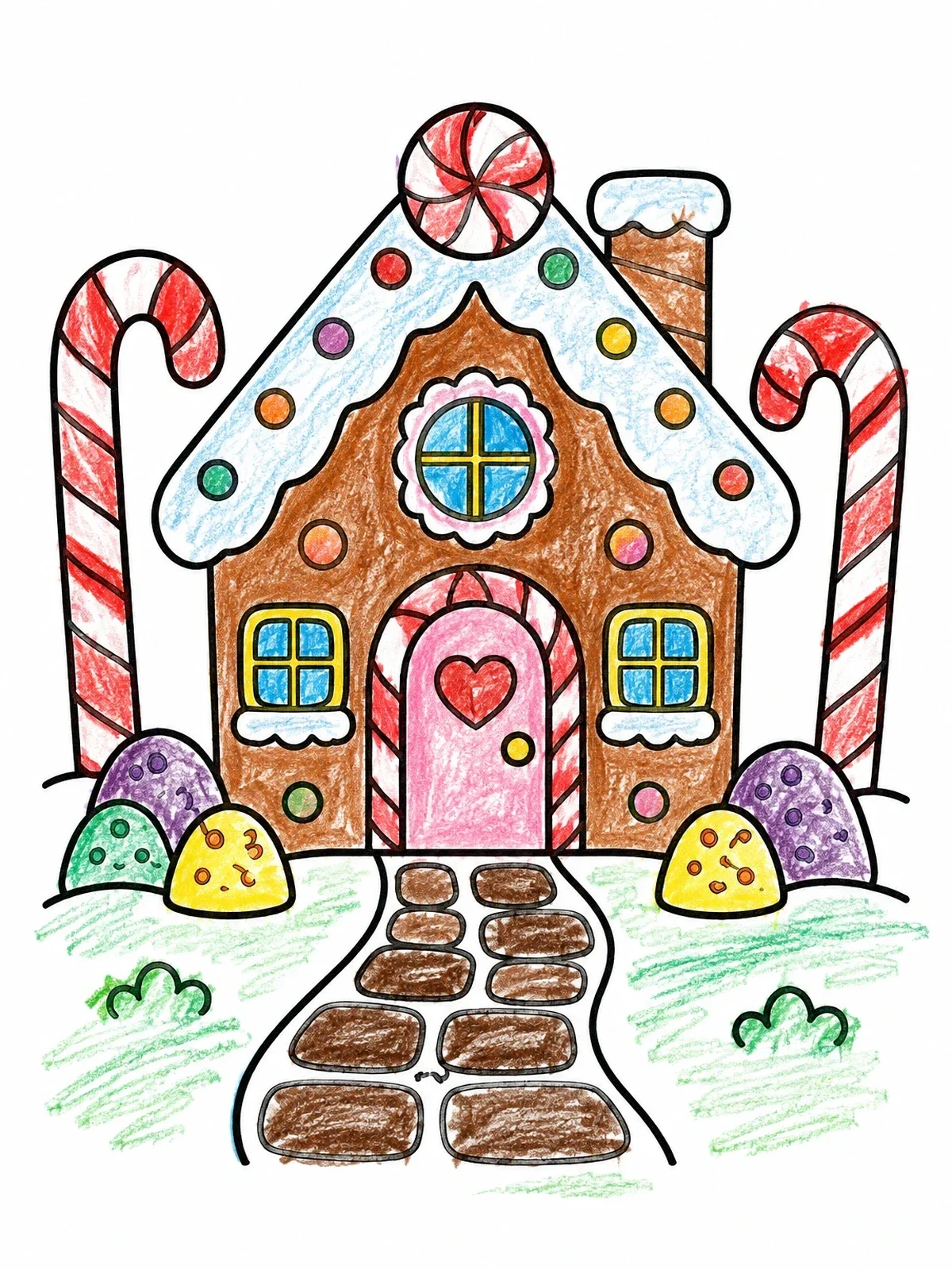 Colored example of the Gingerbread House With Candy Canes coloring page