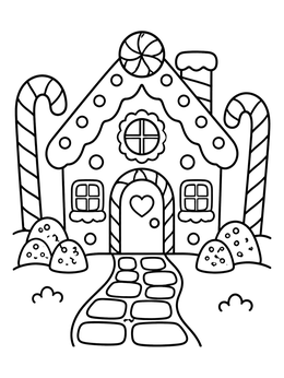 A sweet gingerbread house decorates this hansel and gretel coloring page with candy canes and frosting.