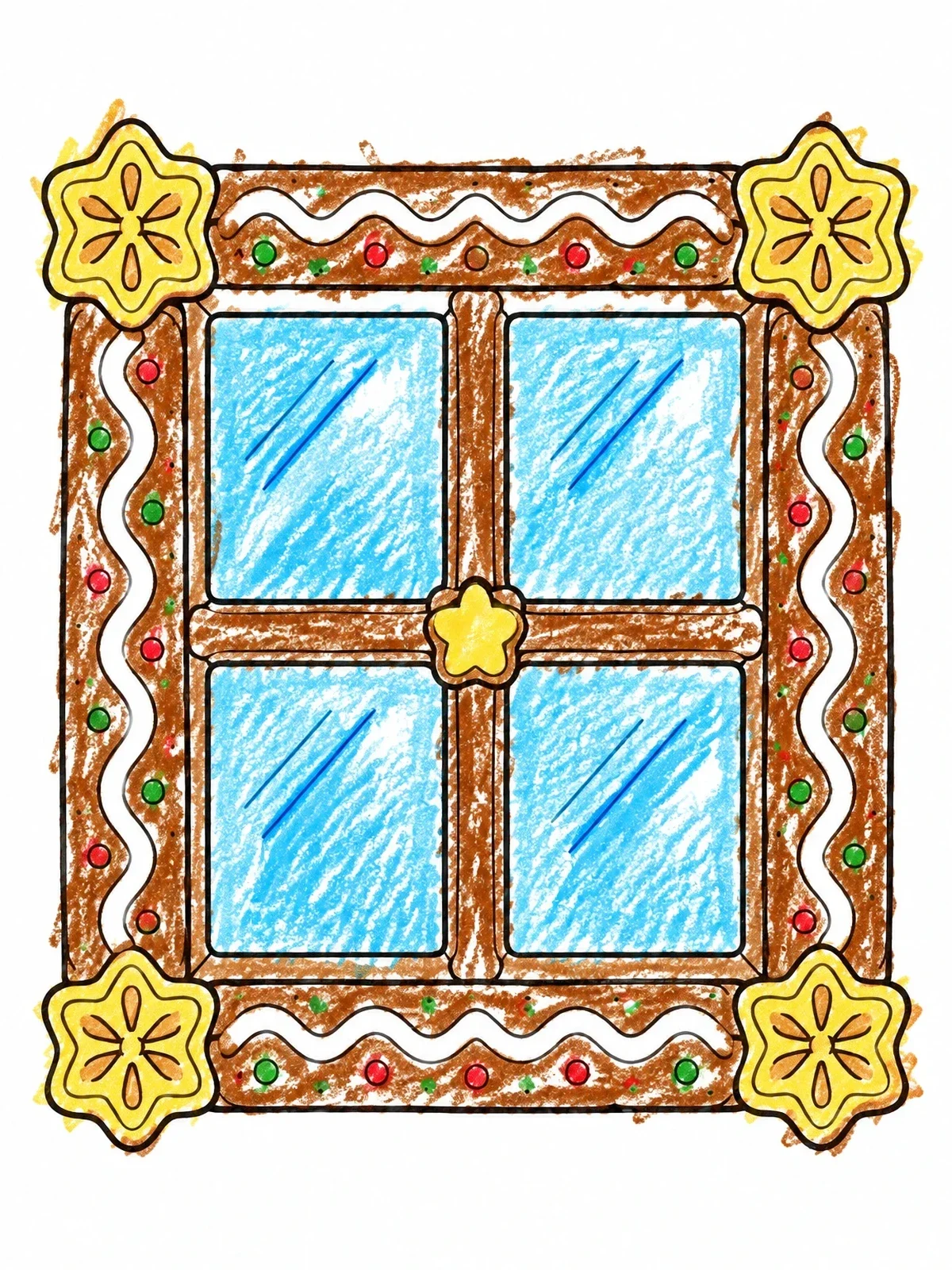 Colored example of the Gingerbread House Sugar Glass Window coloring page