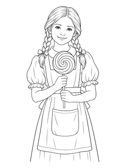 A realistic hansel and gretel coloring page showing Gretel holding a swirl lollipop.
