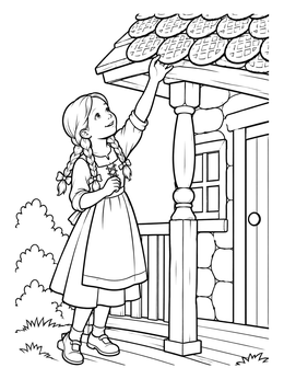 Gretel picks a waffle shingle in this hansel and gretel coloring page.