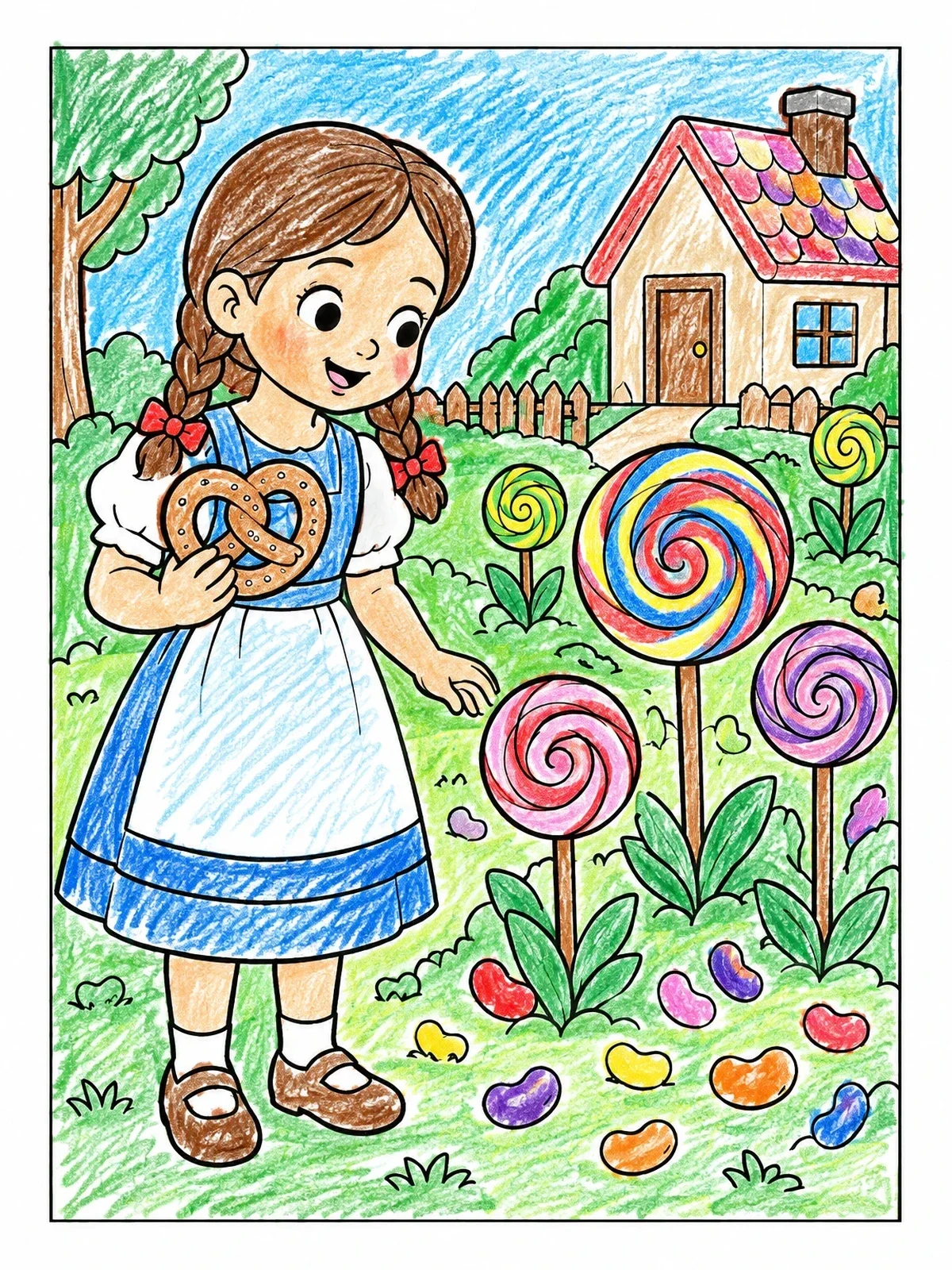 Colored example of the Gretel In The Candy Garden coloring page