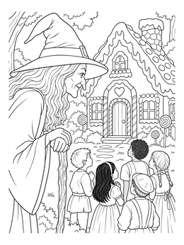 A detailed hansel and gretel coloring page showing an old witch greeting children outside her sweet cottage.
