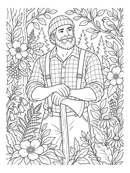 A hansel and gretel coloring page showing the woodcutter father resting with his ax in the woods.