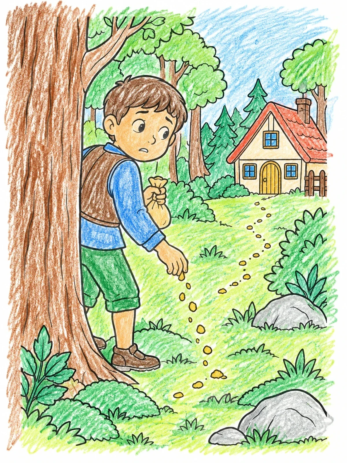 Colored example of the Hansel Dropping Breadcrumbs In The Forest coloring page