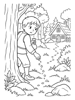 Free printable Hansel Dropping Breadcrumbs In The Forest coloring page