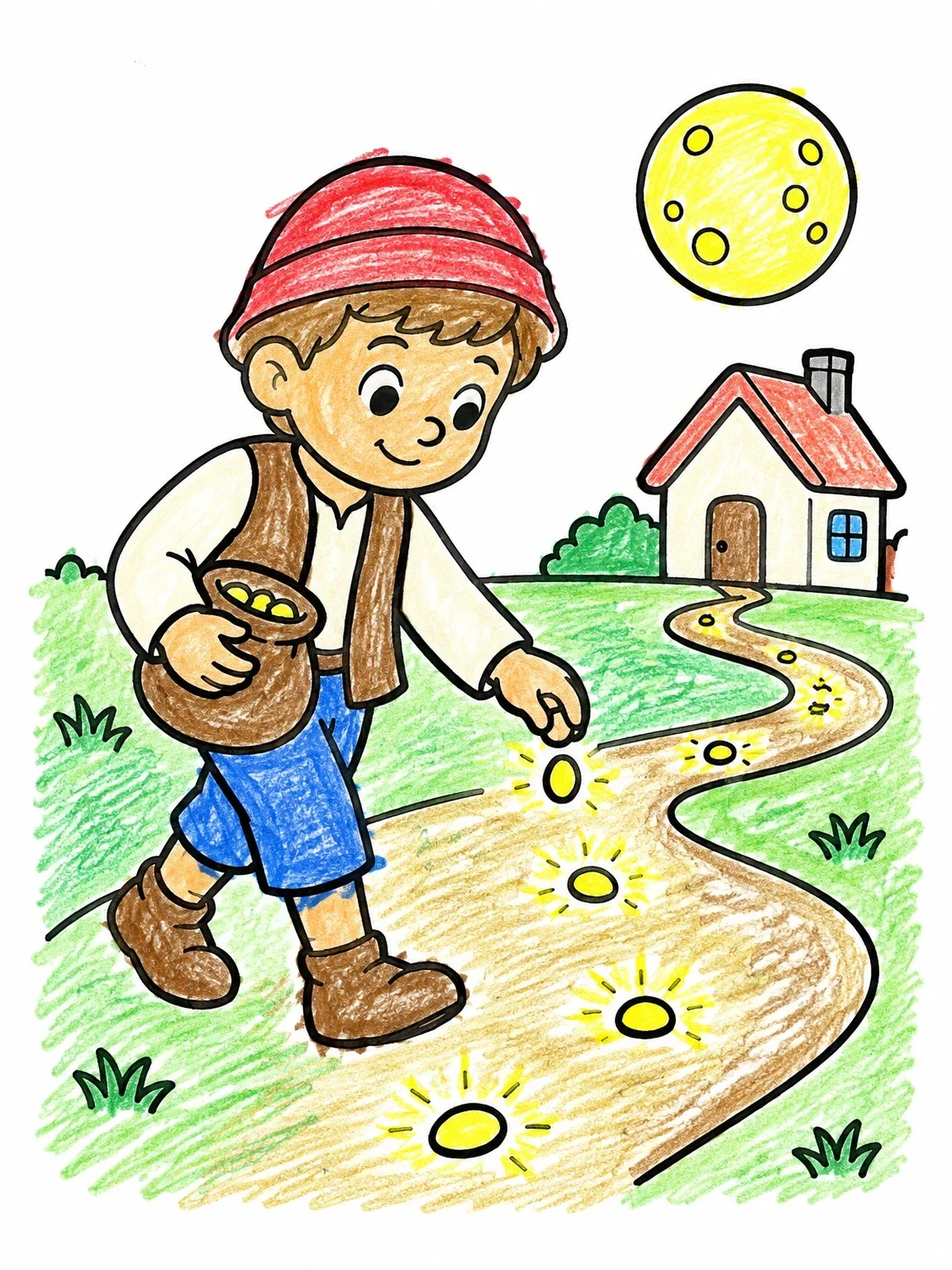Colored example of the Hansel Dropping Pebbles On Path coloring page