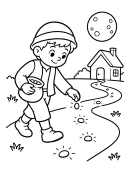 Free printable Hansel Dropping Pebbles On Path coloring page