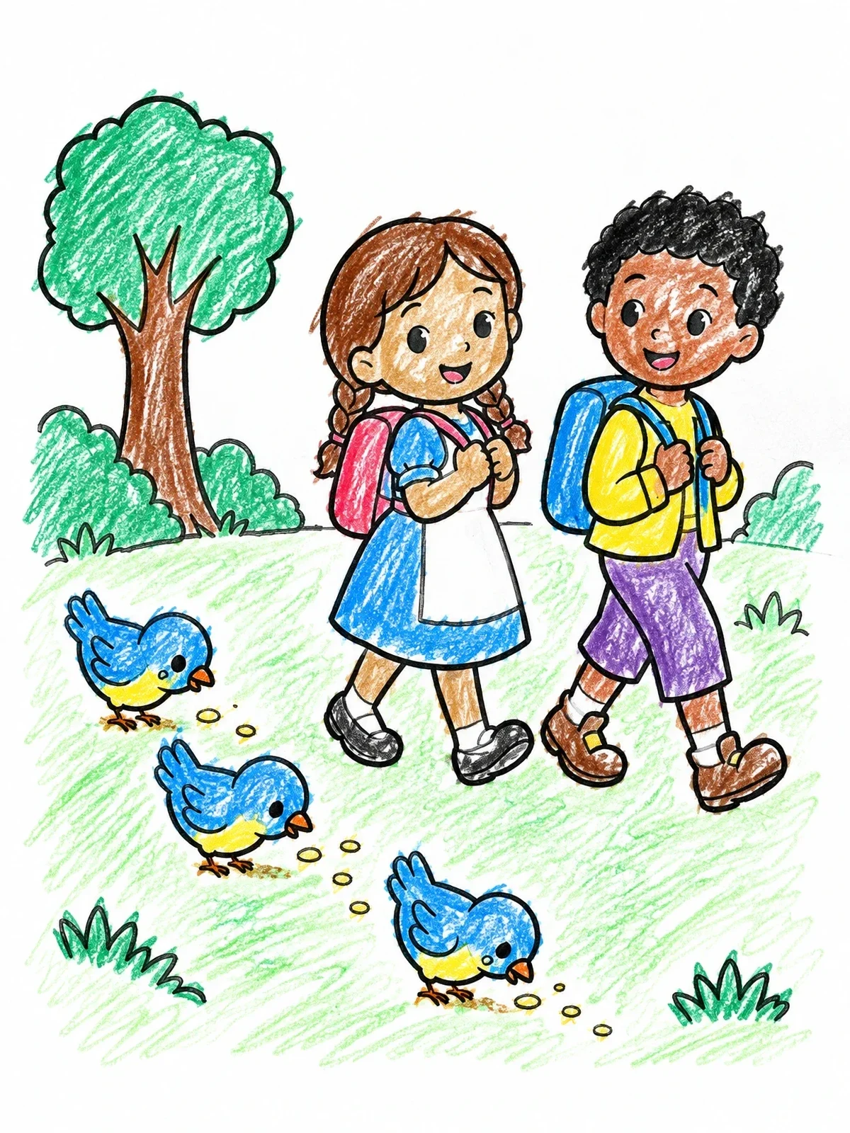 Colored example of the Hansel And Gretel With Trail Of Crumbs coloring page